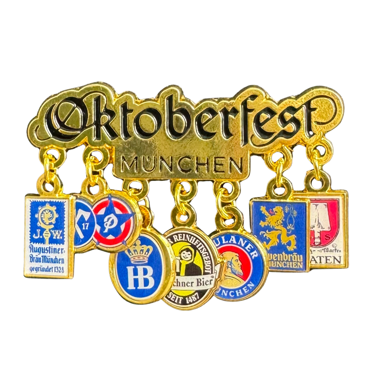 Oktoberfest™ Brosche Schriftzug mit Brauereien Charms