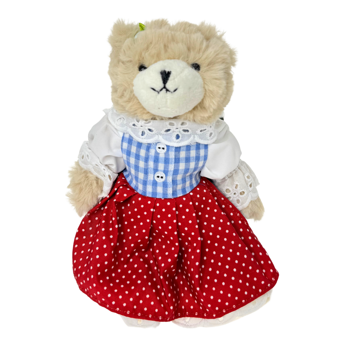 Traditional teddy with fluffy beige fur, blue checked shirt, 25cm