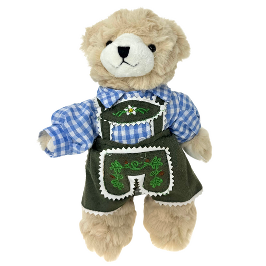 Traditional teddy with fluffy beige fur, blue checked shirt, 25cm
