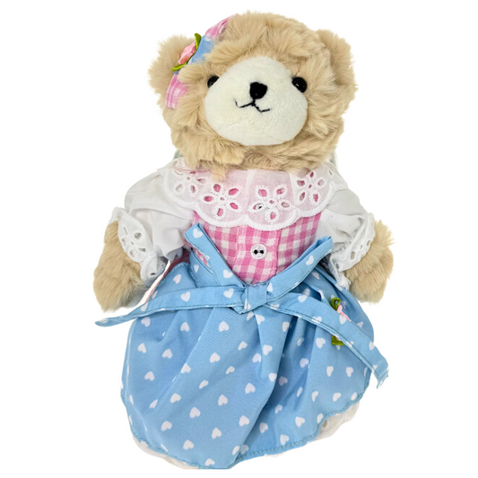 Traditional teddy with fluffy beige fur, blue checked shirt, 25cm