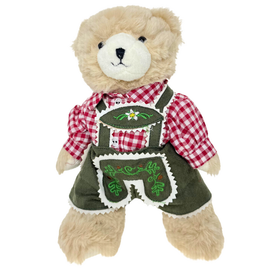 Traditional teddy with fluffy beige fur, red checked shirt, 22cm
