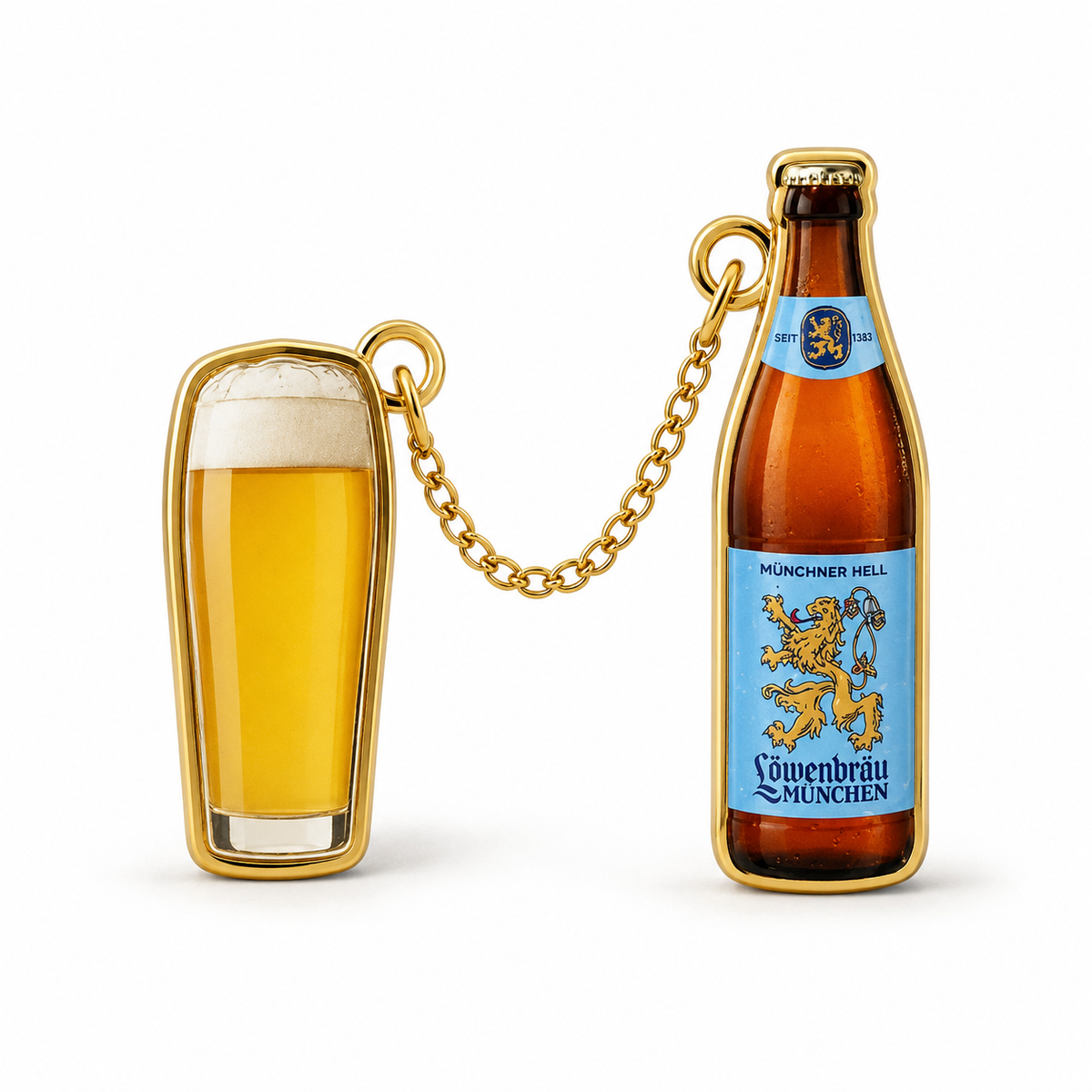 Anstecker Löwenbräu Bierflasche mit Glas