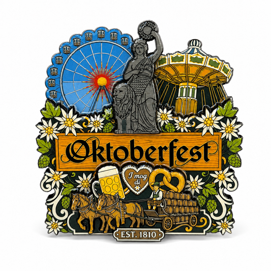 Oktoberfest™ Holzmagnet Kettenkarussell, Pferdekutsche, Edelweiß