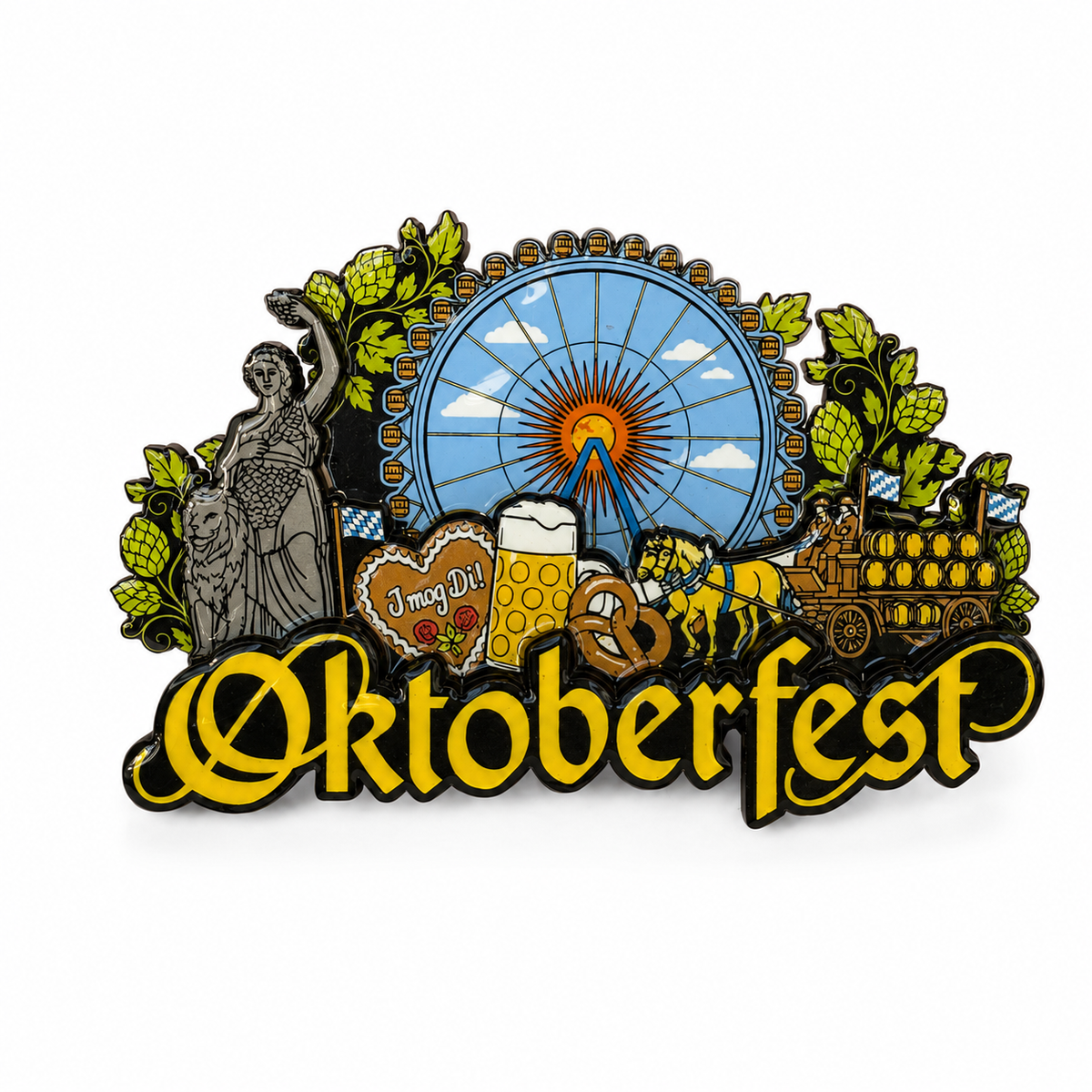 Oktoberfest™ Holzmagnet I mog Di, Pferdekutsche, Hopfen